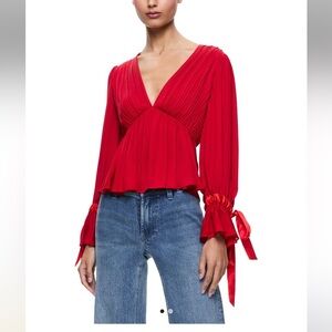 Alice + Olivia Clarissa Red V-Neck Pleated Long-Sleeve Top - Women NWT